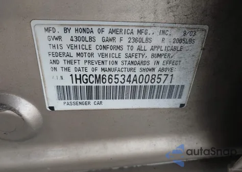 2004 Honda Accord 3.0 Ex z USA, uszkodzony, nr VIN 1HGCM66534A008571